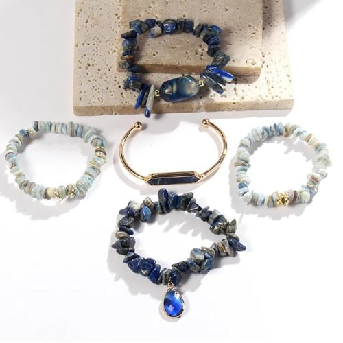 Yomisa 5PCS 6PCS Natural Boho Beaded Bracelets/Bangle for Women Men,Healing Turquoise Jasper Agate Crystal Gemstone Stone Chakra Multilayer Wrap Bohemian Handmade Jewelry Beads Stretch Bracelet Set - color: 5PCS-Sapphire blue