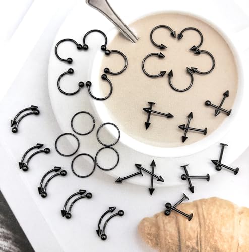 40Pcs Surgical Steel Lip Rings Labret Monroe Barbell Daith Tragus Helix Piercing Septum Nose Ring Eyebrow Body Jewelry for Women Men - color: Black