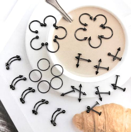 40Pcs Surgical Steel Lip Rings Labret Monroe Barbell Daith Tragus Helix Piercing Septum Nose Ring Eyebrow Body Jewelry for Women Men - color: Black