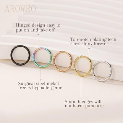 AROWRO Nose Rings Hoops 5 Pcs Septum Rings 20G 18G 16G 14G 12G Conch Piercing Jewelry 316L Surgical Steel Hinged Segment Nose Hoops Helix Daith Rook Tragus Cartilage Piercing Jewelry