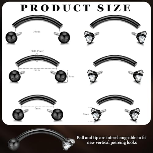 6PCS 16G G23 Titanium Eyebrow Piercing Jewelry for Women Curved Barbell Tiny Eyebrow Ring Vertical Labret Belly Lip Tongue Ring Internally Threaded Rook Tragus Daith Earring 6/8/10mm - color: Black B