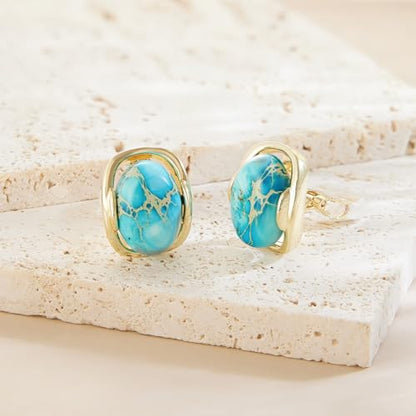YOQUCOL Natural Stone Trendy Clip On Stud Earrings for Women Gold Plated Non Pierced Statement Earrings Fashion Jewelry - color: Oval-Blue