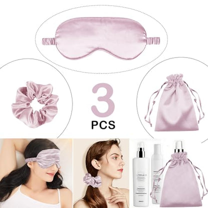 3Pcs Satin Eye Mask Silk Sleep Masks Set Silky Blindfold Eyeshade Blackout Eyes Cover Pouches Bag Scrunchy Wedding Gift - color: Nude Pink