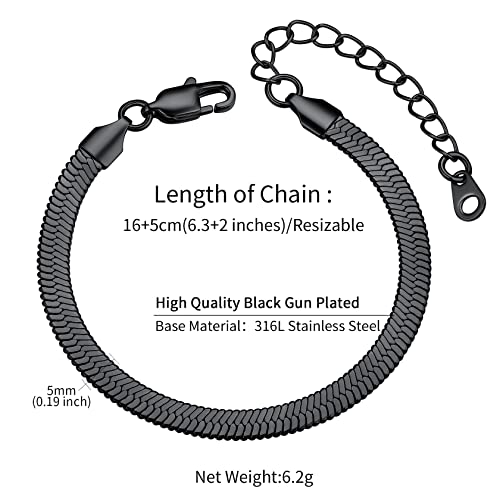 ChainsHouse Stainless Steel Herringbone Flat Chain Bracelets for Women,18K Gold/Rose Gold/Black Metal Paperclip/Snake/Cuban/Figaro Sterling Silver Link Charm Bracelet, 16+5cm Adjustable, With Gift Box - color: g. herringbone-black-6mm