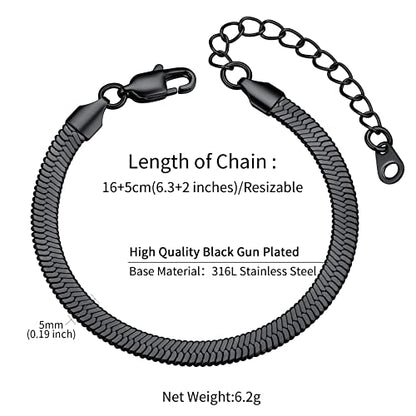 ChainsHouse Stainless Steel Herringbone Flat Chain Bracelets for Women,18K Gold/Rose Gold/Black Metal Paperclip/Snake/Cuban/Figaro Sterling Silver Link Charm Bracelet, 16+5cm Adjustable, With Gift Box - color: g. herringbone-black-6mm