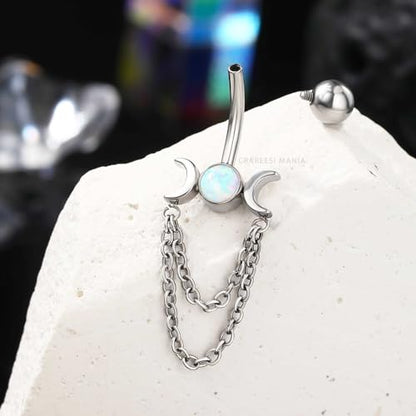 Moon Phase Belly Button Rings Double Chain Belly Rings 316L Stainless Steel Belly Button Piercing Jewelry 14Gauge Belly Ring for Women - color: Opal