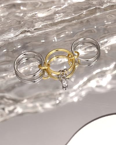 TLY Stackable Gold Rings for Women Interlocking Ring Stack Set non tarnish | 18K Gold Silver Plated Mixed Metal Statement Rings Waterproof Cubic Zirconia Fashion Connected Band Thumb Ring Size 4-11 - color: 06.Piera set