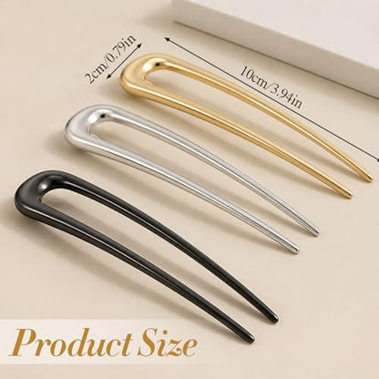 3PCS French Hair Pins for Women, U-Shaped Metal Hair Sticks for French Twist Bun Updo, Decorative Hair Forks for Thick Hair, Gold Silver Black Hair Clips Accessories