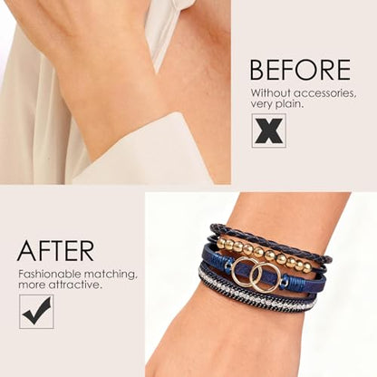 Leather Wrap Bracelets for Women, Boho Leopard Multi-Layer Crystal Beads Cuff Jewelry - color: J-Warp-013