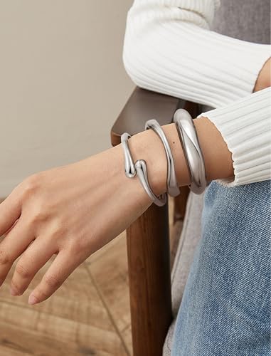 Chunky Gold Bangle Bracelets for Women – 14k Gold Plated | Cuff Bangles, Stackable Bracelet Set, Wide Trendy Fashion, Jewelry Gift - color: 01-Silver-3pcs