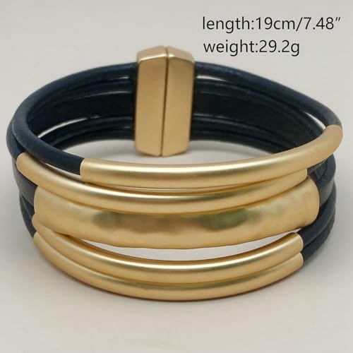 Bracelets for Women Leather Bracelet Multi-Layer Rope Wrap Bangle 14k Gold Plated Cirle Hollow Tube Boho Cuff Bangle Bracelets for Women Gift - style: Tube-Black Leather Bracelet