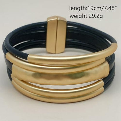 Bracelets for Women Leather Bracelet Multi-Layer Rope Wrap Bangle 14k Gold Plated Cirle Hollow Tube Boho Cuff Bangle Bracelets for Women Gift - style: Tube-Black Leather Bracelet