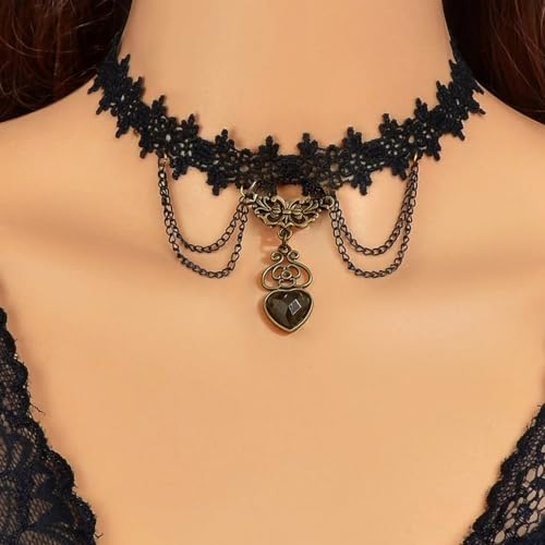 Qceasiy Gothic Black Necklace for Women, Adjustable Victorian Velvet Lace Collar, Halloween Party Cosplay Jewelry Gift - style: Black Heart Pendant