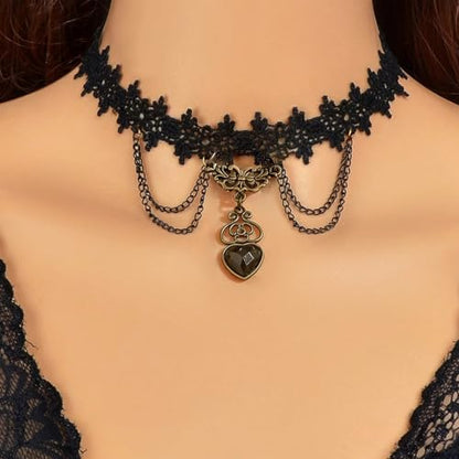 Qceasiy Gothic Black Necklace for Women, Adjustable Victorian Velvet Lace Collar, Halloween Party Cosplay Jewelry Gift - style: Black Heart Pendant