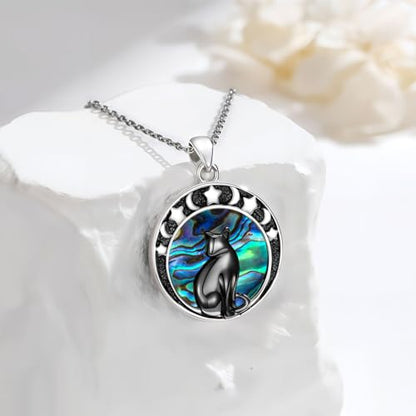 Witch Necklace 925 Sterling Silver Pentagram Triple Moon Pentacle Pendant Wiccan Pagan Jewelry Witchy Gifts for Women - style: Black Cat-3