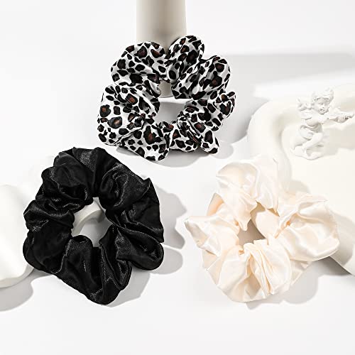 Scrunchies Hair Ties Silk Satin Scrunchy - Hair Elastics Bands Ponytail Holder Pack of Neutral Scrubchy Hair Accessories for Women Girls - color: Leopard Black