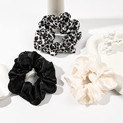 Scrunchies Hair Ties Silk Satin Scrunchy - Hair Elastics Bands Ponytail Holder Pack of Neutral Scrubchy Hair Accessories for Women Girls - color: Leopard Black