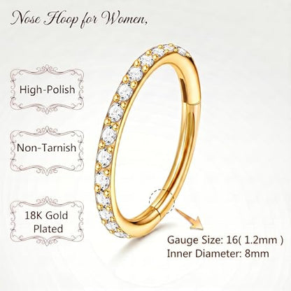 Staligue Nose Hoop ring - 316L Surgical Steel Nose Ring 16/18/20G Hinged Diamond Nose Ring Hoop Septum Clicker Rings Cartilage Earring Helix Rook Tragus Daith Piercing Jewelry for Women 6MM/8MM/10MM/12MM - color: Gold, size: 16G-8MM