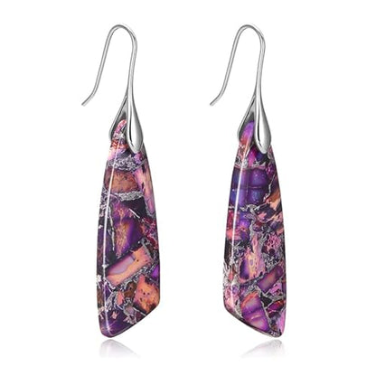 Boho Natural Imperial Jasper Teardrop Dangle Earrings for Women – Hypoallergenic French Hook Stone Drop Earrings Jewelry - color: Purple Silvery Hook