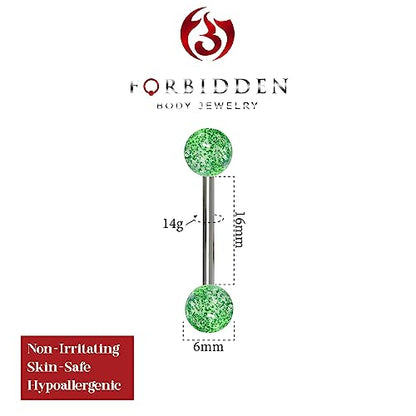Forbidden Body Jewelry 14G 16mm (5/8 Inch) Surgical Steel Ultra Glitter Tongue Ring - style: Green
