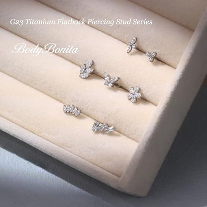 G23 Titanium 16G Tragus Conch Piercing Jewelry Flat Back Stud Earrings | Hypoallergenic CZ Nose Dangle Helix Medusa Lip Labret Body Piercing Jewelry, 14K Gold Plated, Silver, 6 and 8 mm Post Length - color: Floral Sparkle-Titanium