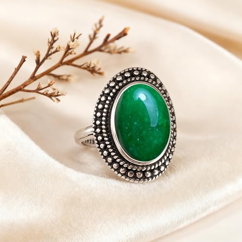 Retro Sterling Silver Stone Ring,Antique Natural Real Oval Crystal Quartz Gemstone Boho Bohemian Ring Jewelry for Women - color: A17_Emerald