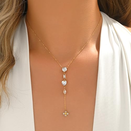 Lariat Necklaces for Women 18K Gold Plated Cubic Zirconia Heart Necklaces Dainty Star Lightning Sun and Moon Necklace Trendy Y Shaped Drop Diamond Necklace - color: Heart CZ Y Necklace-Gold
