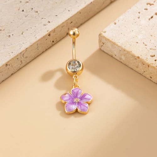 Flower Belly Button Ring for Women 14K Gold Plated Cubic Zirconia Navel Piercing Jewelry Stainless Steel CZ Crystal Charm Belly Ring Hypoallergenic Belly Bar for Women - color: Purple