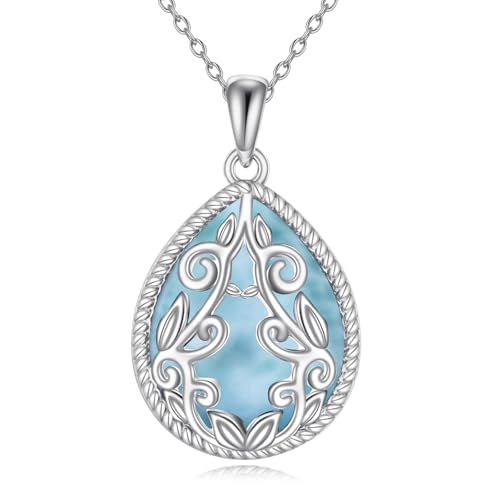 YAFEINI Teardrop Necklace Sterling Silver Filigree Irish Pendant Necklace Natural Stone Moonstone/Lapis Lazuli/Larimar/Moss Agate Necklace Jewelry - color: Larimar Filigree Necklace