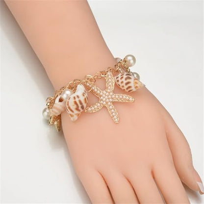 Spiritrain Handmade Starfish Seashell Pearl Bracelets for Women Gold Plated Bohemian Charm Sea Shell Couch Beads Adjustable Chain Anklet Bracelets Hawaiian Beach Holiday Mermaid Costume Jewelry Gifts - color: Gold jewelry set