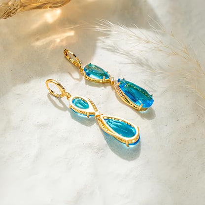 18K Gold Plated Flower Dangle Earrings for Women, Hypoallergenic Cubic Zirconia Earrings, Elegant CZ Drop Earrings, Statement Jewelry Gifts Party Fashion - style: OBS7507-Blue