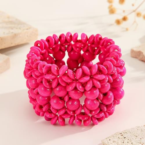 Zian Bohemian Wooden Beaded Bracelets for Women Handmade Colorful Wide Chunky Elastic Stretch Bracelets Boho Wristband Summer Beach Jewelry - color: Hot Pink