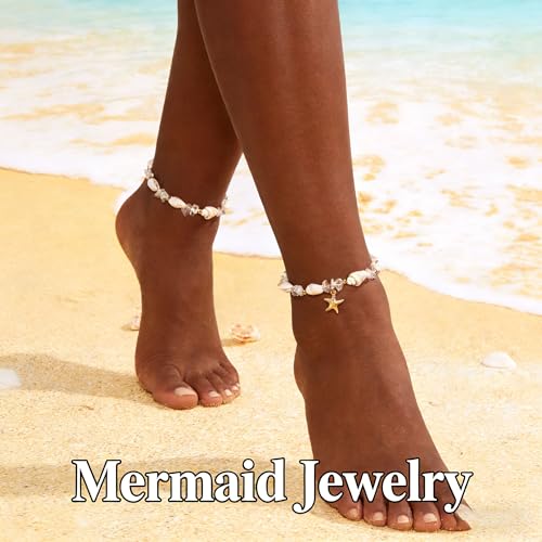 Waterproof Starfish Shell Bead Anklets Bracelets for Women Bohemian Hawaiian Beach Crushed Stone Bead Anklet Summer Mermaid Outfit Costume Jewelry Accessories - color: Transparent
