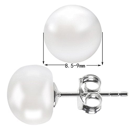 ALYC Pearl Earrings Freshwater Pearl White Button Stud Earrings with 925 Sterling Silver for Women - size: 8.5-9.0mm