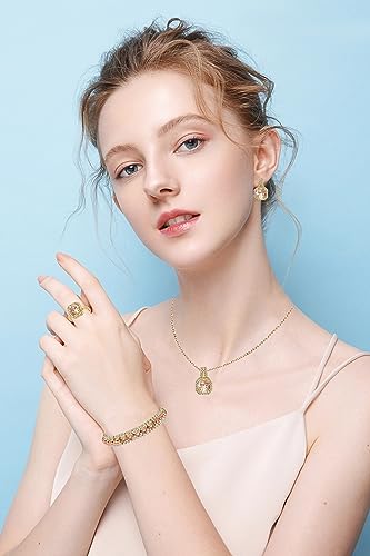 Paxuan 4pcs Cubic Zirconia Wedding Jewelry Sets for Bride Bridesmaid Cubic Zirconia Pendant Necklace Earrings Link Tennis Bracelet Open Ring Set for Women - color: Gold Plated Champagne Cubic Zirconia