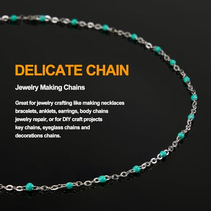 KYUNHOO 16.4 Feet Turquoise Green Bead Chain for Crafts with Jewelry Clasps | Thin Stainless Steel Necklace Making Chains Bulk on Spool with Lobster Clasps Jump Ring Jewelry Findings - color: Silver-Tuoquise-2mm