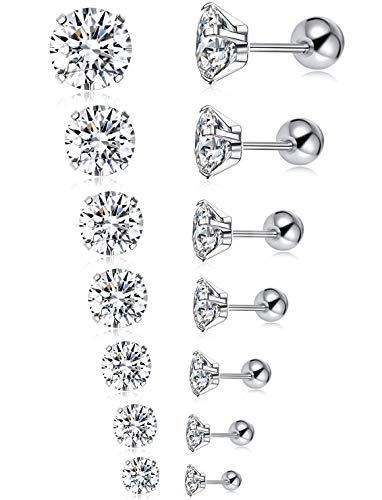 7 Pairs 18G 20G Stainless Steel Stud Earrings Round Cubic Zirconia Barbell Earring Set For Men Women 2MM-8MM Silver Tone - style: C:7 Pairs,Ball Backs,20G