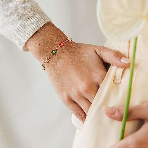 Gold Chain Bracelet for Women, 14K Gold Plated | Dainty Bracelets with Adjustable Chain, Trendy Jewelry Gift for Women - style: colorful daisies