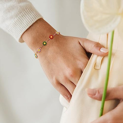Gold Chain Bracelet for Women, 14K Gold Plated | Dainty Bracelets with Adjustable Chain, Trendy Jewelry Gift for Women - style: colorful daisies