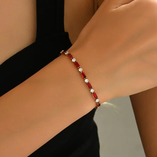 18K Gold Plated Multi-Color Classic Tennis Bracelet for Women Dainty Color 3mm Rainbow Cubic Zirconia Bracelet Adjustable CZ Gold Bracelets Trendy Summer Jewelry Gift - style: Red-Gold