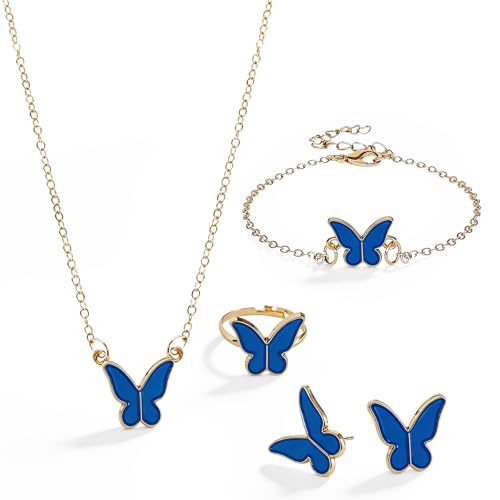 Butterfly Jewelry Set, Including Butterfly Necklace, Bracelet, Stud Earrings, and Adjustable Ring for Women - color: Blue