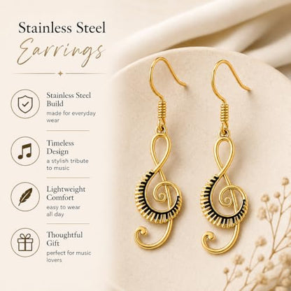 SUPAC Musical Note Jewelry Set, 4-Piece Silver Treble Clef Design, Necklace Bracelet Earrings Keychain - color: Gold