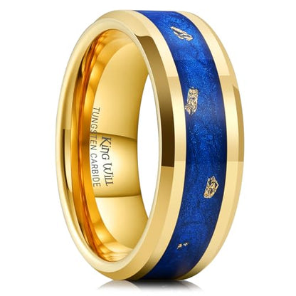 King Will Mens Galaxy Tungsten Wedding Band | 6mm/8mm, Beveled Edge, Comfort Fit, Durable, Sandstone Opal Inlay Polished, Everyday Wear - color: Blue&Gold