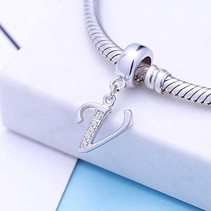 925 Sterling Silver Charms Alphabet Beads fit Pandora Charm Bracelets A-Z Letter Initial Spacer Dangle Clear CZ Stone Authentic for Snake Chain Bracelets - color: V
