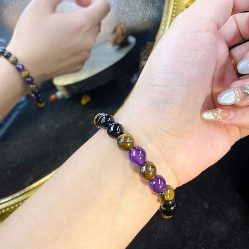 Natural Stone Beaded Bracelet for Men Women, Malachite Tiger Eye Obsidian Elastic Stretch Bracelet for Wealth & Energy - color: Black purple 1