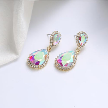 EVER FAITH Women's Austrian Crystal Wedding Tear Drop Dangle Earrings | Bridal Prom Jewelry for Bride Bridesmaid - color: Iridescent AB Gold-Plated-Base