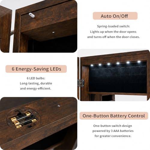 Lockable Jewelry Cabinet Organizer with Full Length Mirror, 6 Auto LED Lights, Wall & Over Door Mount Jewelry Armoire with Earring Slots, Necklace Hooks, Foldable Makeup Shelf - color: Brown