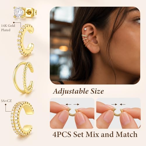 4PCS 14K Gold Plated Ear Cuffs, Ears Clip On Earrings for Women | Adjustable Non Piercing Ears Clip Design, Sparkling Cubic Zirconia, Stackable Single Wear, Gift Box For All Occasions - color: GOLD
