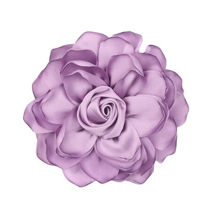 Satin Rose Flower Brooch Hair Clip for Women 4.3 Inch Floral Pin for Hats Dress Everyday Outfits Beach Vacations - color: Taro Purple
