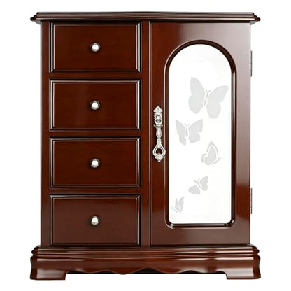 RR ROUND RICH DESIGN Solid Wood Jewelry Box Brown | Large Organizer with 4 Drawers, Built-in Necklace Carousel & Large Mirror - style: Fashion Brown